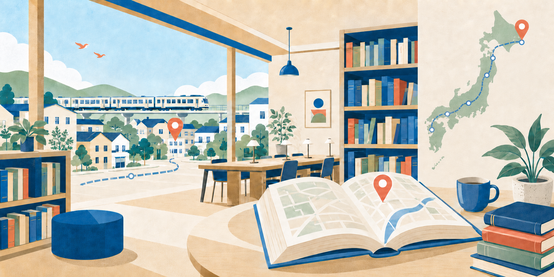 北海道から九州まで日本列島に沿う図書館イラスト